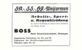 Anunci d'Hugo Boss publicat el 1933 en un diari de Metzingen. L'empresa publicitava roba de feina, d'esport i de pluja amb l'esquer que fabricava els uniformes per a les SA Anunci d'Hugo Boss publicat el 1933 en un diari de Metzingen. L'empresa publicitava roba de feina, d'esport i de pluja amb l'esquer que fabricava els uniformes per a les SA