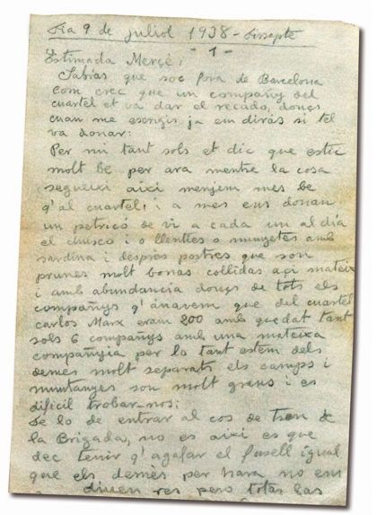 La primera carta de Joan Adserias, que data del 9 de juliol de 1938 La primera carta de Joan Adserias, que data del 9 de juliol de 1938