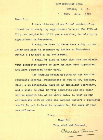 Carta de Charles Arrow dirigida a Enric Prat de la Riba en què accepta les condicions de la feina a Barcelona Carta de Charles Arrow dirigida a Enric Prat de la Riba en què accepta les condicions de la feina a Barcelona