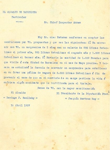 Carta de l'alcalde Domènec Joan Sanllehy acceptant les condicions de Charles Arrow Carta de l'alcalde Domènec Joan Sanllehy acceptant les condicions de Charles Arrow