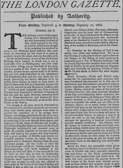 Pàgina del 'London Gazette' del 3 de setembre de 1666 informant sobre el gran incendi Pàgina del 'London Gazette' del 3 de setembre de 1666 informant sobre el gran incendi