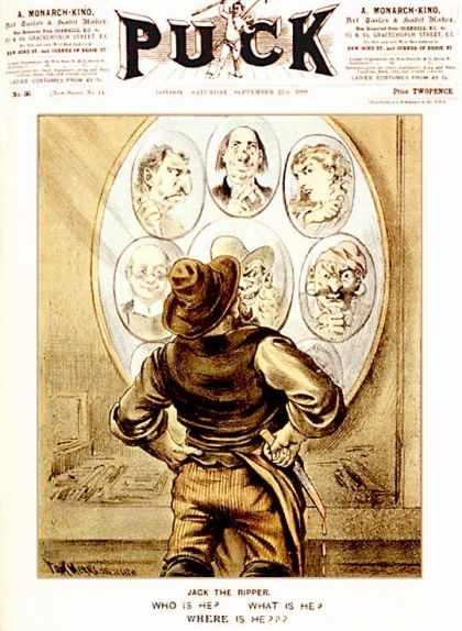 Portada de la revista 'Puck' del 21 de setembre de 1889, en què s'especula sobre la identitat de Jack l'Esbudellador Portada de la revista 'Puck' del 21 de setembre de 1889, en què s'especula sobre la identitat de Jack l'Esbudellador