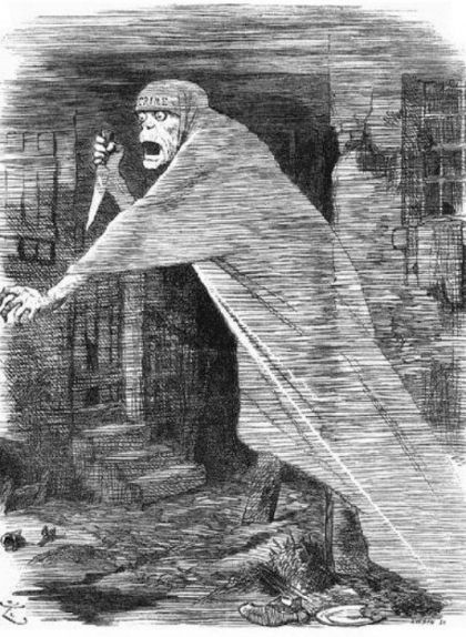 Caricatura de la revista 'Puck' publicada el 1888 en què es mostra Jack l'Esbudellador com un fantasma amb un ganivet Caricatura de la revista 'Puck' publicada el 1888 en què es mostra Jack l'Esbudellador com un fantasma amb un ganivet