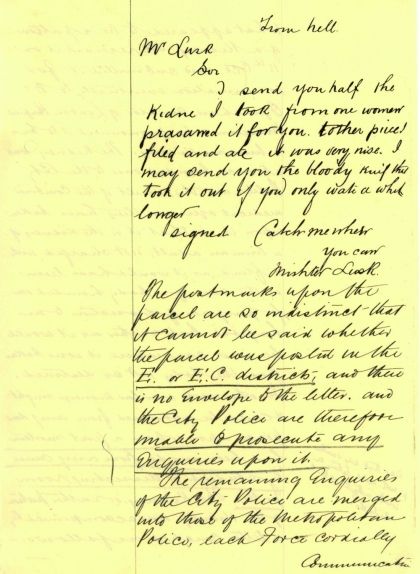 La carta de Jack l'Esbudellador titulada "From the Hell" en què ofereix el mig ronyó que li havia tret a una dona