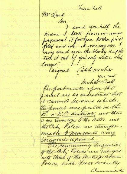 La carta de Jack l'Esbudellador titulada "From the Hell" en què ofereix el mig ronyó que li havia tret a una dona La carta de Jack l'Esbudellador titulada "From the Hell" en què ofereix el mig ronyó que li havia tret a una dona