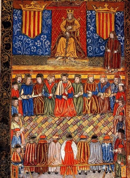 Il·lustració de finals de segle XV que representa Ferran II presidint les Corts Il·lustració de finals de segle XV que representa Ferran II presidint les Corts
