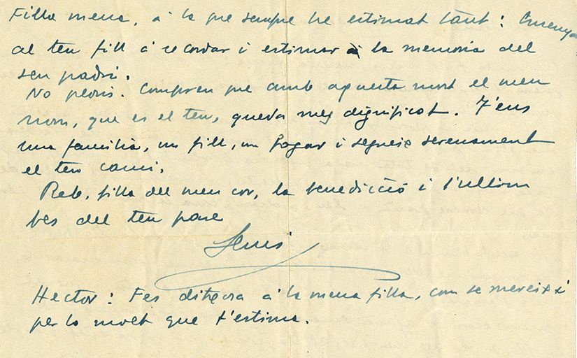 Part de la carta que va escriure Lluís Companys a la seva filla abans de ser afusellat