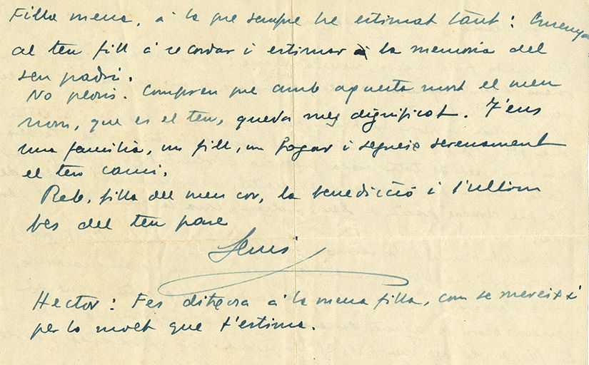 Part de la carta que va escriure Lluís Companys a la seva filla abans de ser afusellat