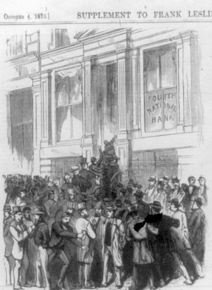 Pànic bancari del IV Banc Nacional de Nova York durant 1873, il·lustració de Frank Leslie Pànic bancari del IV Banc Nacional de Nova York durant 1873, il·lustració de Frank Leslie