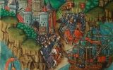 Il·lustració 'L'emperador Neró envia Vespasià amb un exèrcit per destruir els jueus' inclosa al manuscrit medieval 'Peniarth 482D' Il·lustració 'L'emperador Neró envia Vespasià amb un exèrcit per destruir els jueus' inclosa al manuscrit medieval 'Peniarth 482D'