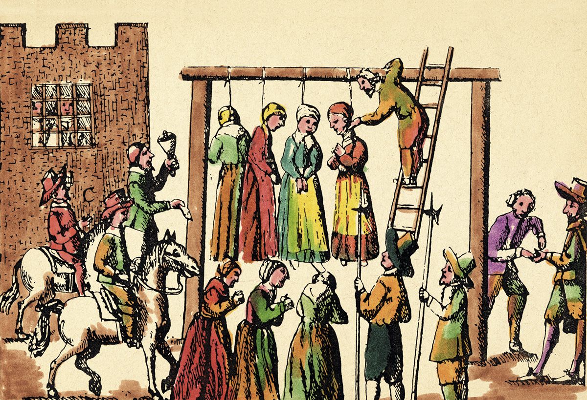 Gravat inclòs a 'The Laws and Customs of Scotland in Matters Criminal' (1678) que mostra l'execució pública de quatre bruixes i en què es veu, a la dreta, com el caçador de bruixes rep la seva recompensa