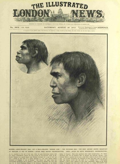 Portada de la revista 'Illustrated London News' del 16 d'agost de 1913 amb dues il·lustracions de l'home de Piltdown Portada de la revista 'Illustrated London News' del 16 d'agost de 1913 amb dues il·lustracions de l'home de Piltdown