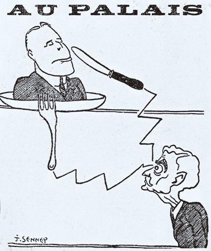 Acudit sobre el judici a Francesc Macià del caricaturista francès Jean Sennep Acudit sobre el judici a Francesc Macià del caricaturista francès Jean Sennep