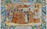 Panell de ceràmica situat a la façana de l'església de Santa Mònica de València que mostra sant Vicent Ferrer entrant sota pal·li a la ciutat Panell de ceràmica situat a la façana de l'església de Santa Mònica de València que mostra sant Vicent Ferrer entrant sota pal·li a la ciutat