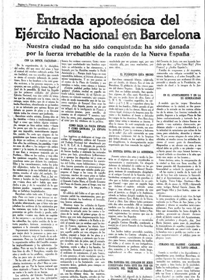 Segona pàgina de l'edició del 27 de gener de 1939 de 'La Vanguardia'