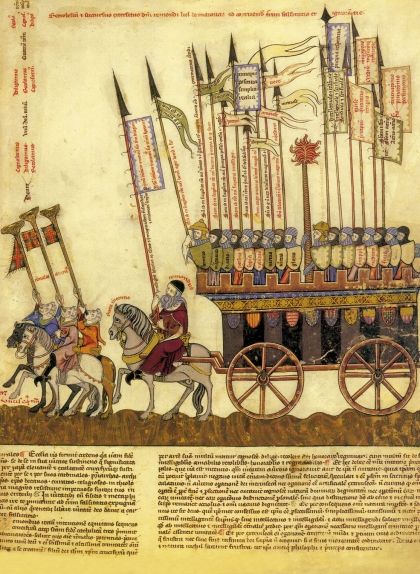 Pàgina del 'Breviculum' (1322), còdex que escenifica la vida del beat, on Llull comanda un exèrcit contra la falsedat i l'engany Pàgina del 'Breviculum' (1322), còdex que escenifica la vida del beat, on Llull comanda un exèrcit contra la falsedat i l'engany