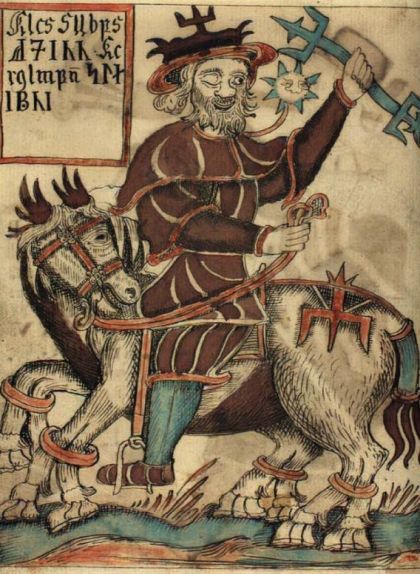 Il·lustració del déu Odin al seu cavall de vuit potes que apareix a un manuscrit islandès del segle XVIII Il·lustració del déu Odin al seu cavall de vuit potes que apareix a un manuscrit islandès del segle XVIII
