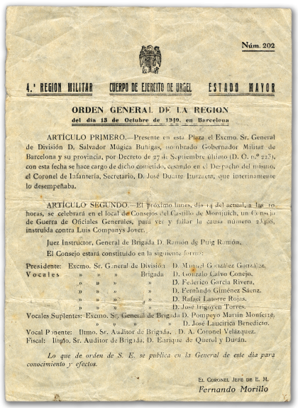 Document de l'Exèrcit on es fixa la data (14 d'octubre) i l'hora (les 10 h) per a la causa 23.468, o sigui, el consell de guerra contra Lluís Companys Document de l'Exèrcit on es fixa la data (14 d'octubre) i l'hora (les 10 h) per a la causa 23.468, o sigui, el consell de guerra contra Lluís Companys