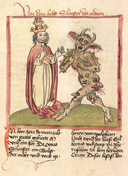 Il·lustració del papa Silvestre II i el dimoni Il·lustració del papa Silvestre II i el dimoni