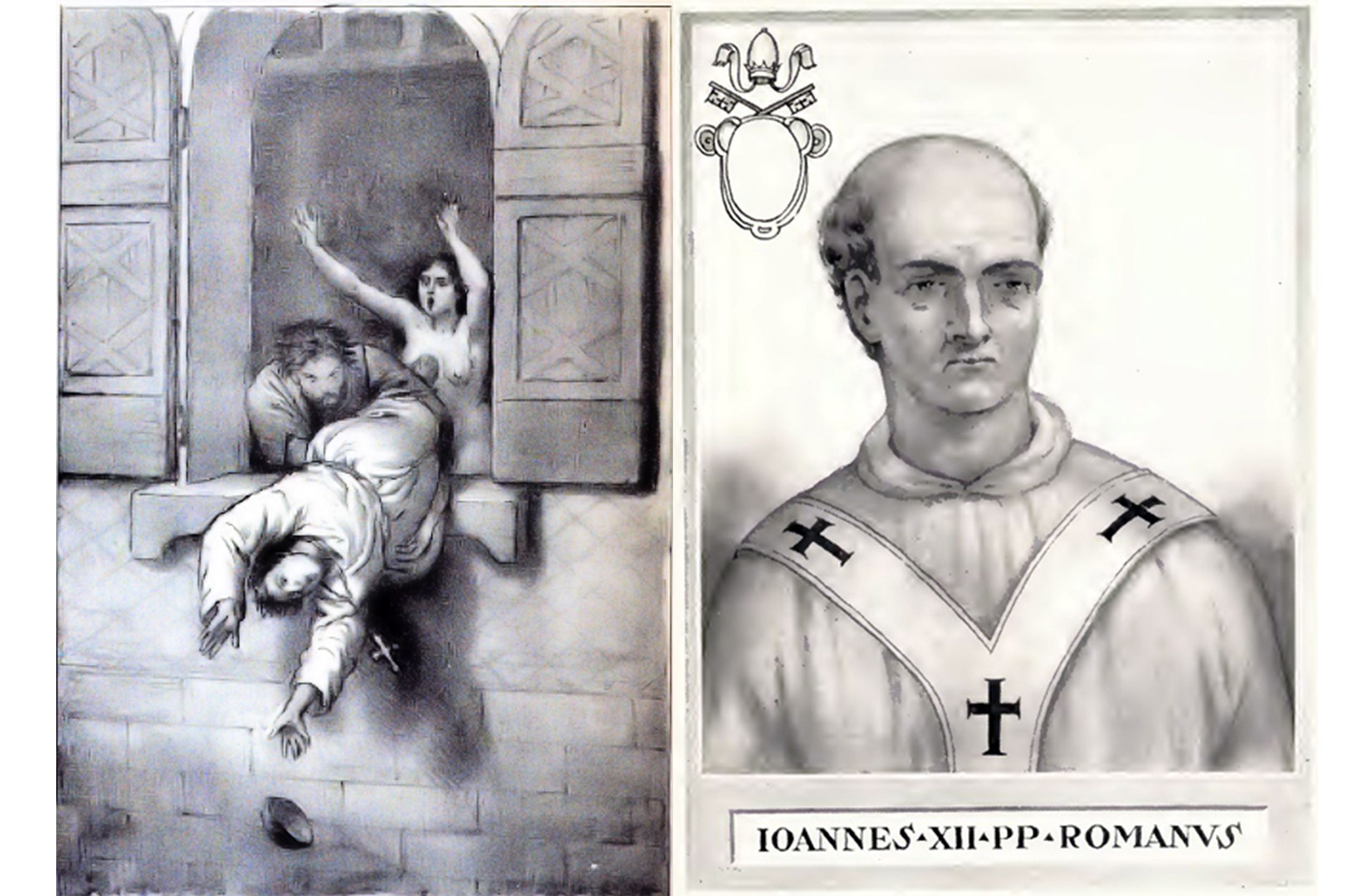 El papa Joan XII (dreta) i un dibuix que representa la seva mort extret del volum 1 del llibre 'Misteri del Vaticano o la Roma dei Papi' (1861)