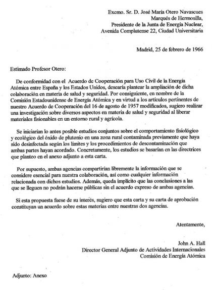 Carta de la Comissió de l'Energia Atòmica a les autoritats espanyoles per coordinar la investigació sobre els efectes de l'accident de Palomares Carta de la Comissió de l'Energia Atòmica a les autoritats espanyoles per coordinar la investigació sobre els efectes de l'accident de Palomares