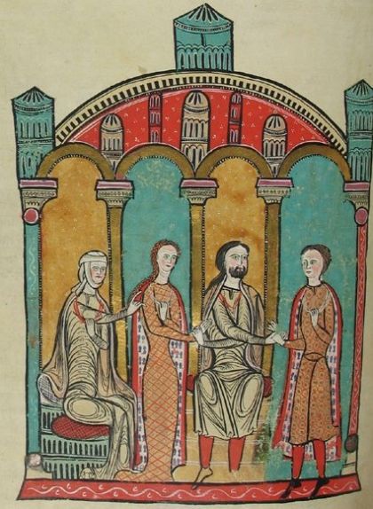 Bernard Anton de Beziers, assegut, donant la mà de la seva filla Ermengarda al futur Gausfred III de Rosselló Bernard Anton de Beziers, assegut, donant la mà de la seva filla Ermengarda al futur Gausfred III de Rosselló