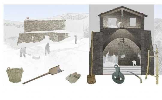 Il·lustració per a l'exposició permanent "Secà i Muntanya" del Museu Valencià d'Etnologia en la que es pot veure el sistema d'emmagatzematge de glaç als pous de neu