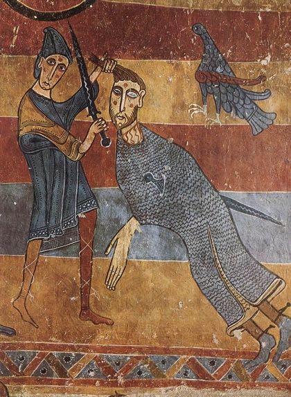 David talla el cap de Goliat al fons de la nau sud de Santa Maria de Taüll. La pintura s’atribueix al reconegut Mestre del Judici Final