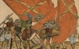 Processó en què es veuen dos grans penons amb la creu de Sant Andreu nuada Processó en què es veuen dos grans penons amb la creu de Sant Andreu nuada
