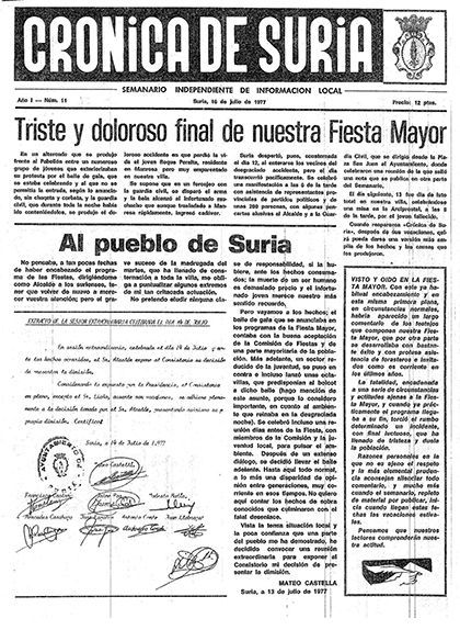 Notícia al 'Crónica de Suria' sobre la mort de Roque Peralta Notícia al 'Crónica de Suria' sobre la mort de Roque Peralta