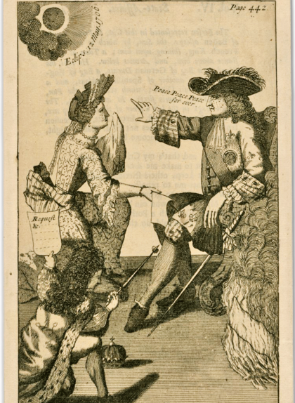 Imatge satírica relacionada amb el fracàs del setge borbònic de Barcelona del 1706 amb referència a l'eclipsi de sol d'aquell any Imatge satírica relacionada amb el fracàs del setge borbònic de Barcelona del 1706 amb referència a l'eclipsi de sol d'aquell any