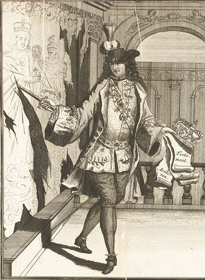 Imatge satírica 'El rei de paper, o el duc fugititu d'Anjou', que mostra Felip V en plena rebequeria a causa de la derrota