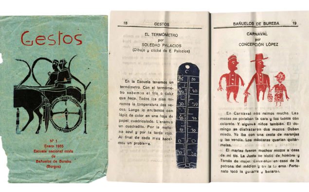A l'esquerra, portada del primer número de 'Gestos', un dels quaderns fets pels alumnes de Benaiges el 1935. A la dreta, pàgina interior d'un dels quaderns