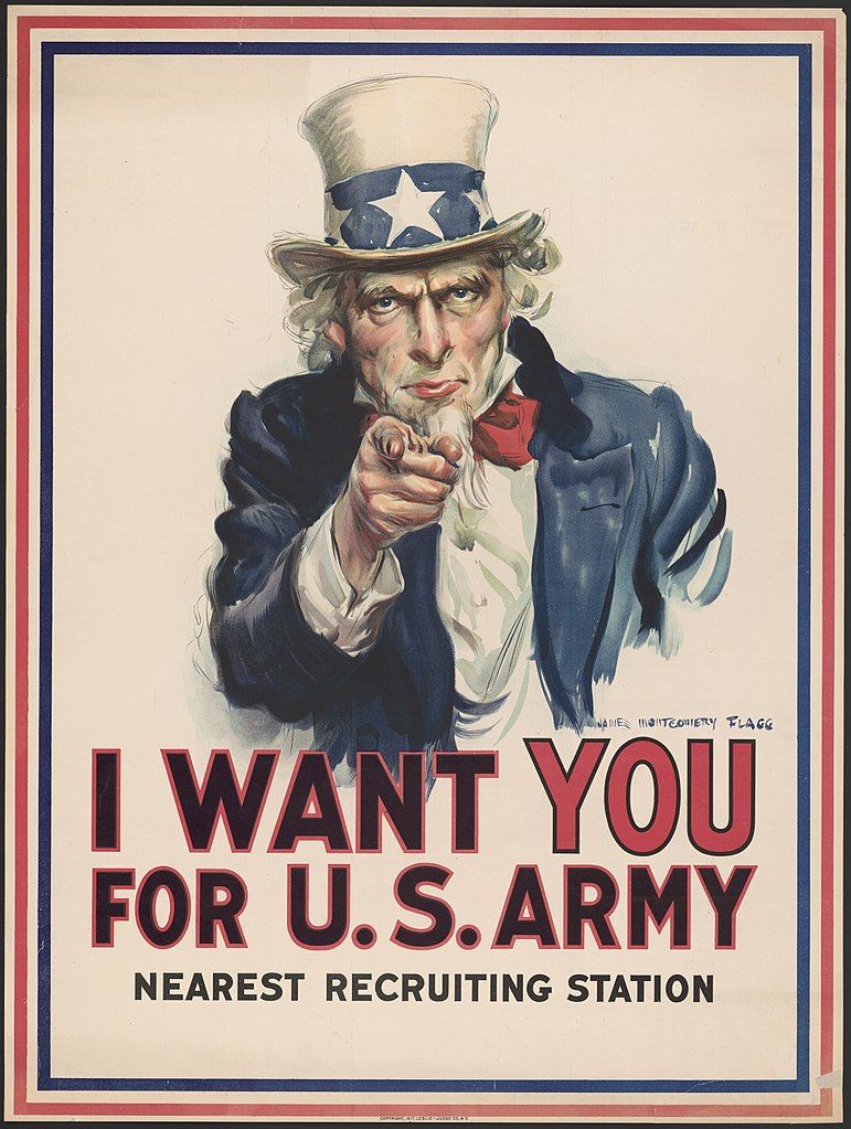 Cartell del 1916 amb la imatge de l'Oncle Sam demanant l'allistament per a la Primera Guerra Mundial