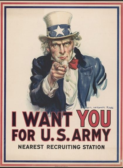 Cartell del 1916 amb la imatge de l'Oncle Sam demanant l'allistament per a la Primera Guerra Mundial Cartell del 1916 amb la imatge de l'Oncle Sam demanant l'allistament per a la Primera Guerra Mundial
