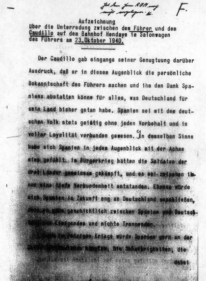 Primera pàgina d'un dels 'papers d'Hendaia'. Aquest tracta de l'entrevista entre Hitler i Franco al vagó 'Erika' del Führer Primera pàgina d'un dels 'papers d'Hendaia'. Aquest tracta de l'entrevista entre Hitler i Franco al vagó 'Erika' del Führer