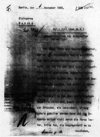 Primera pàgina del tercer document dels 'papers d'Hendaia'. Aquest és un telegrama que Ribbentrop va adreçar a l'ambaixador alemany a Madrid Primera pàgina del tercer document dels 'papers d'Hendaia'. Aquest és un telegrama que Ribbentrop va adreçar a l'ambaixador alemany a Madrid