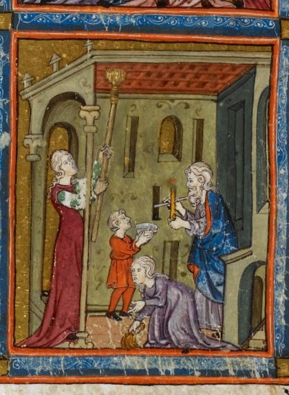 Imatge del ritual jueu de revisió i neteja 'bedikat jametz' inclosa al manuscrit 'The Golden Haggadah' (vers el 1320) en què es veuen dues dones escombrant