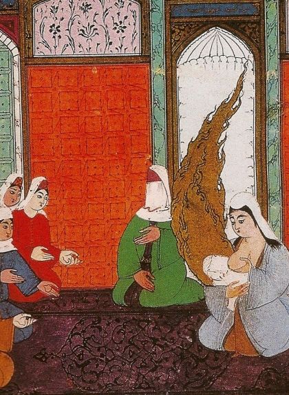 Halima, dida de Mahoma, donant el pit al nen orfe Halima, dida de Mahoma, donant el pit al nen orfe