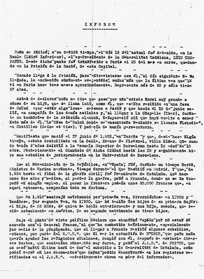 Informe de Pedro Urraca de l'interrogatori a Lluís Companys a la presó de La Santé de París Informe de Pedro Urraca de l'interrogatori a Lluís Companys a la presó de La Santé de París