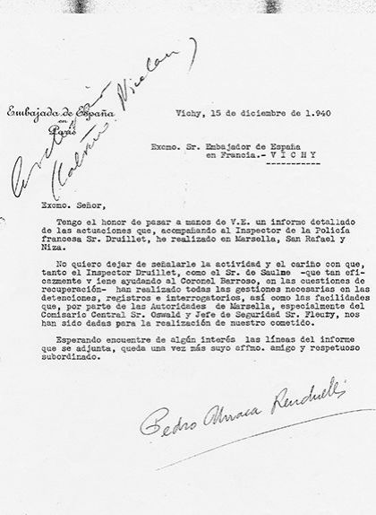Carta de Pedro Urraca amb segell de l'ambaixada d'Espanya a París dirigida a l'ambaixador espanyol a Vichy. Hi adjuntava informes sobre 'l'operació Marsella'
