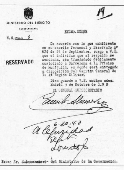 Nota sobre el trasllat de Lluís Companys a Barcelona Nota sobre el trasllat de Lluís Companys a Barcelona