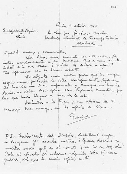 Carta de Pedro Urraca a José Jiménez Rosado, secretari general de Falange Exterior del 9 d'octubre del 1940, pocs dies abans de l'afusellament de Companys