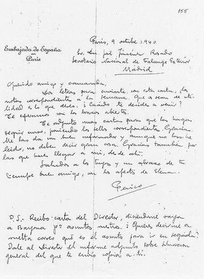 Carta de Pedro Urraca a José Jiménez Rosado, secretari general de Falange Exterior del 9 d'octubre del 1940, pocs dies abans de l'afusellament de Companys Carta de Pedro Urraca a José Jiménez Rosado, secretari general de Falange Exterior del 9 d'octubre del 1940, pocs dies abans de l'afusellament de Companys