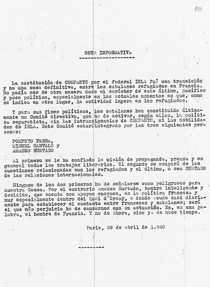 Nota de Pedro Urraca en què esmenta "Pompeyo Fabra", "Miguel Santaló" i "Amadeo Hurtado" Nota de Pedro Urraca en què esmenta "Pompeyo Fabra", "Miguel Santaló" i "Amadeo Hurtado"