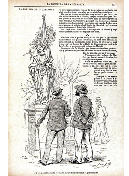 Acudit publicat a 'L'Esquella de la Torratxa' amb la llegenda "-Y per posarhi aquesta corona va moure tant rebombori'l gobernador?"
