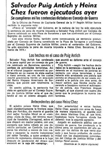 Notícia sobre l'execució de Salvador Puig Antich i Heinz Ches a 'La Vanguradia' del 3 de març del 1974 Notícia sobre l'execució de Salvador Puig Antich i Heinz Ches a 'La Vanguradia' del 3 de març del 1974