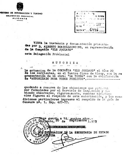 Autorització del Ministerio de Cultura per a la representació de 'La torna' al teatre Circo d'Alcoi el 20 de setembre del 1975 Autorització del Ministerio de Cultura per a la representació de 'La torna' al teatre Circo d'Alcoi el 20 de setembre del 1975