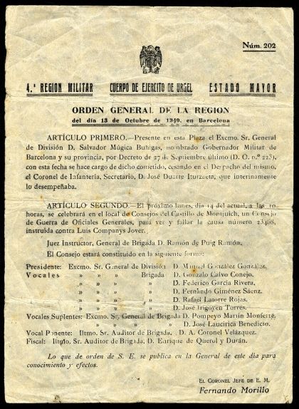 'Orden General de la IV Región Militar' en què s’anuncia la celebració del consell de guerra contra Companys 'Orden General de la IV Región Militar' en què s’anuncia la celebració del consell de guerra contra Companys
