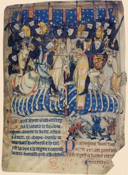 Manuscrit del segle XIII en què es veu Guillem de Normandia ferint el rei anglès Harold Godwinson a la batalla de Hastings Manuscrit del segle XIII en què es veu Guillem de Normandia ferint el rei anglès Harold Godwinson a la batalla de Hastings